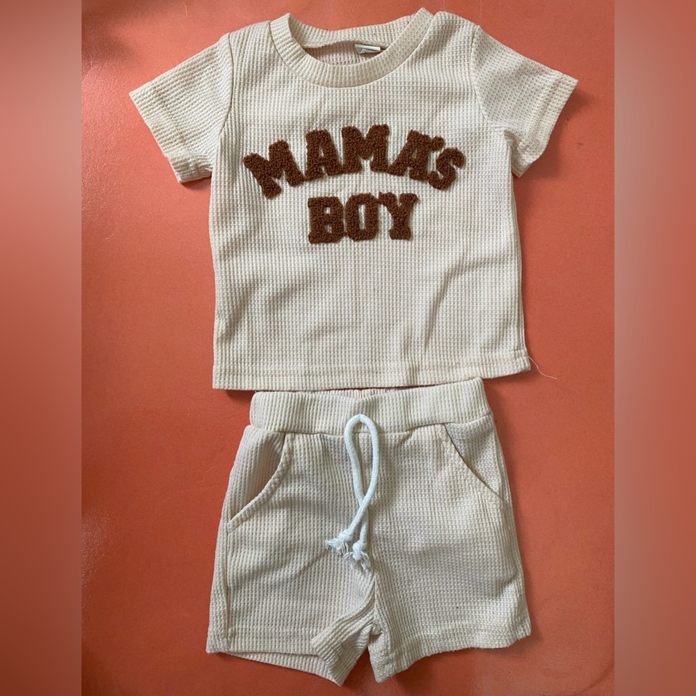 Cream "MAMAS BOY" Waffle Knit Tee & Shorts Set